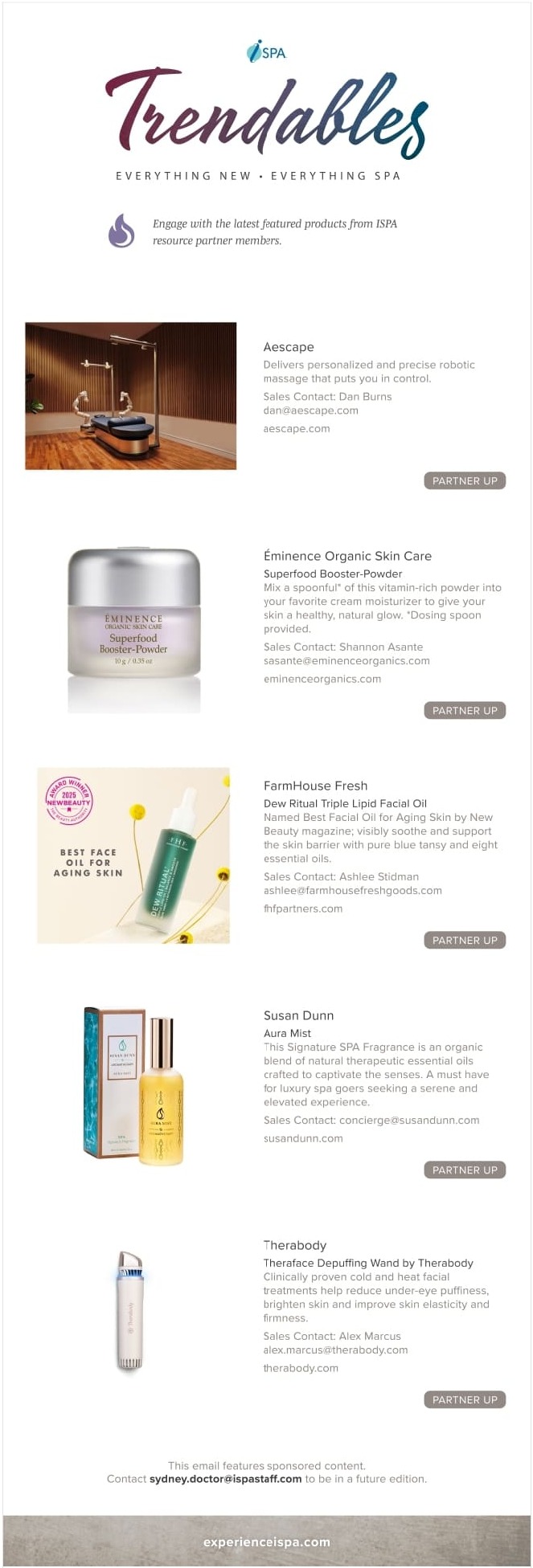 A promotional newsletter titled "Trendables" showcasing five spa-related products with images and descriptions.
