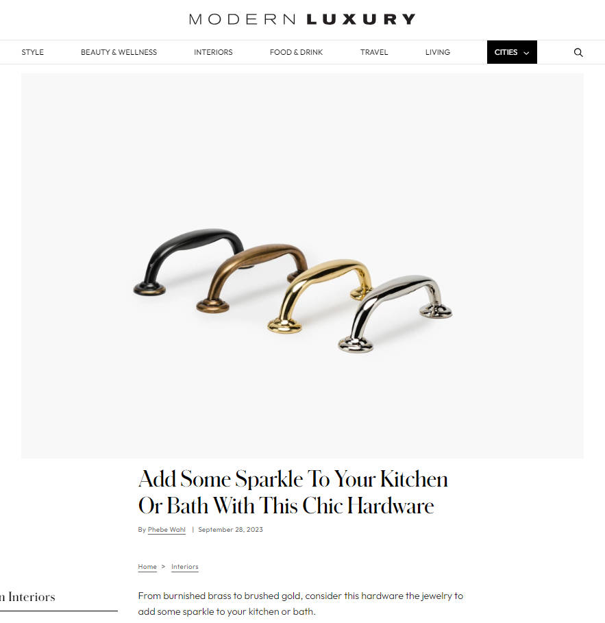 Metallic kitchen or bath handles in black, bronze, gold, and silver on a white background, featured in an article titled "Add Some Sparkle To Your Kitchen Or Bath With This Chic Hardware."